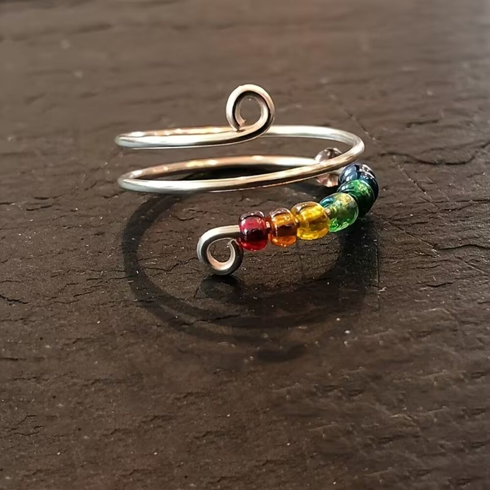 Silver Multi Beaded Spinner Ring Colorful Turn Anxiety Fidget Fashion Adjustable